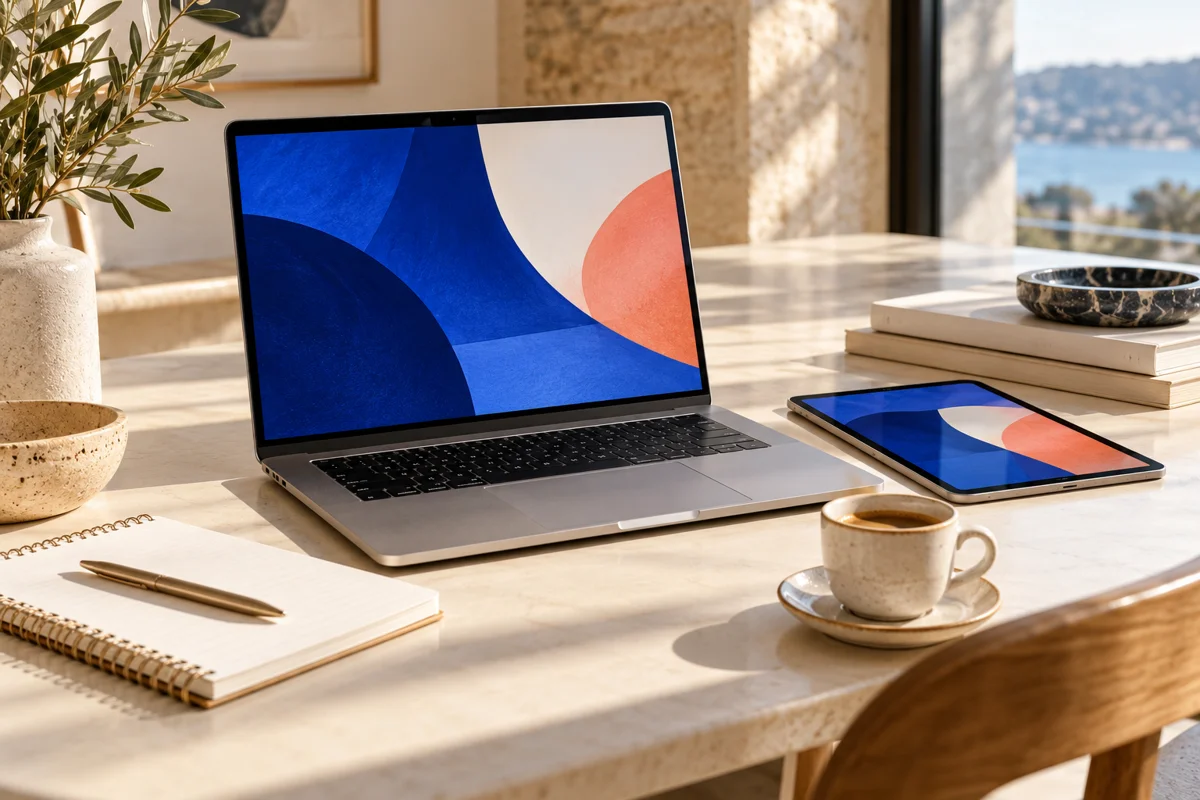 Espace de travail numérique avec ordinateur et tablette; visuel d’illustration.